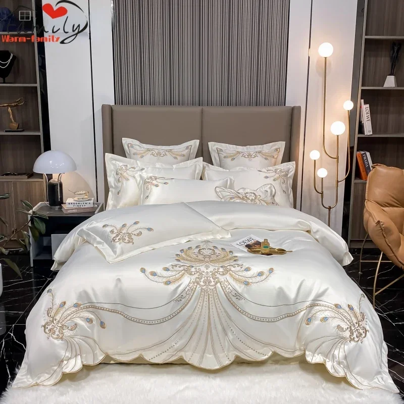 Embroidery Quilt Cover - Luxe Gouden Veren Borduurwerk Egyptische Katoen