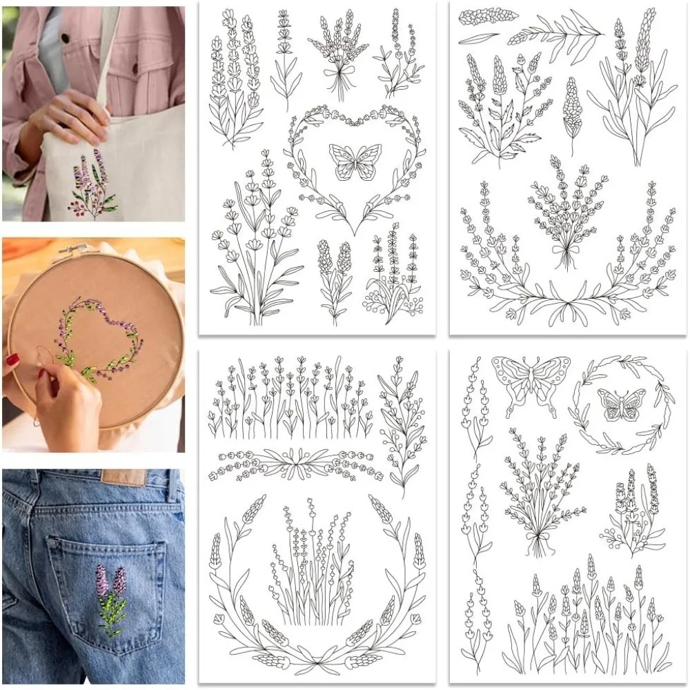 Embroidery Sheet - 4 vellen lavendelbloem vlinder wateroplosbare stabilisator