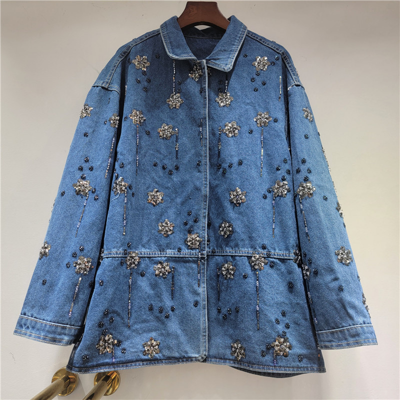 Embroidery Flower Pattern - SuperAen geborduurde fakkels bloemen polokraag denim