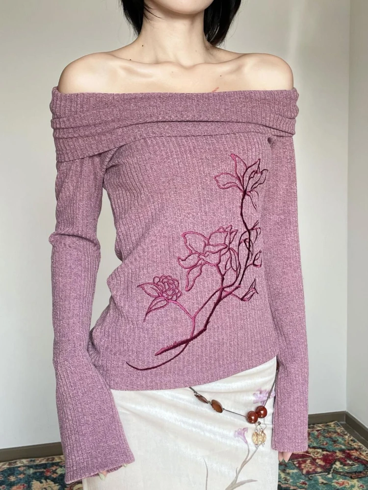 Embroidery Thread Yarn - Paarse bloemen geborduurde damestruien Off-shoulder uitlopende