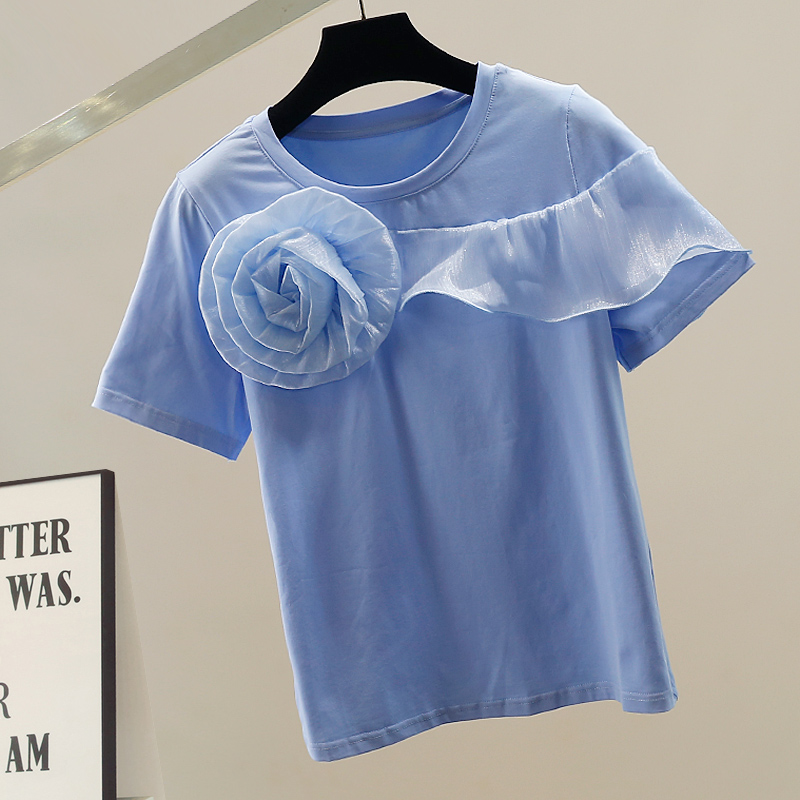 Embroidery Flower Pattern - Modieus Koreaans T-shirt met korte mouwen,