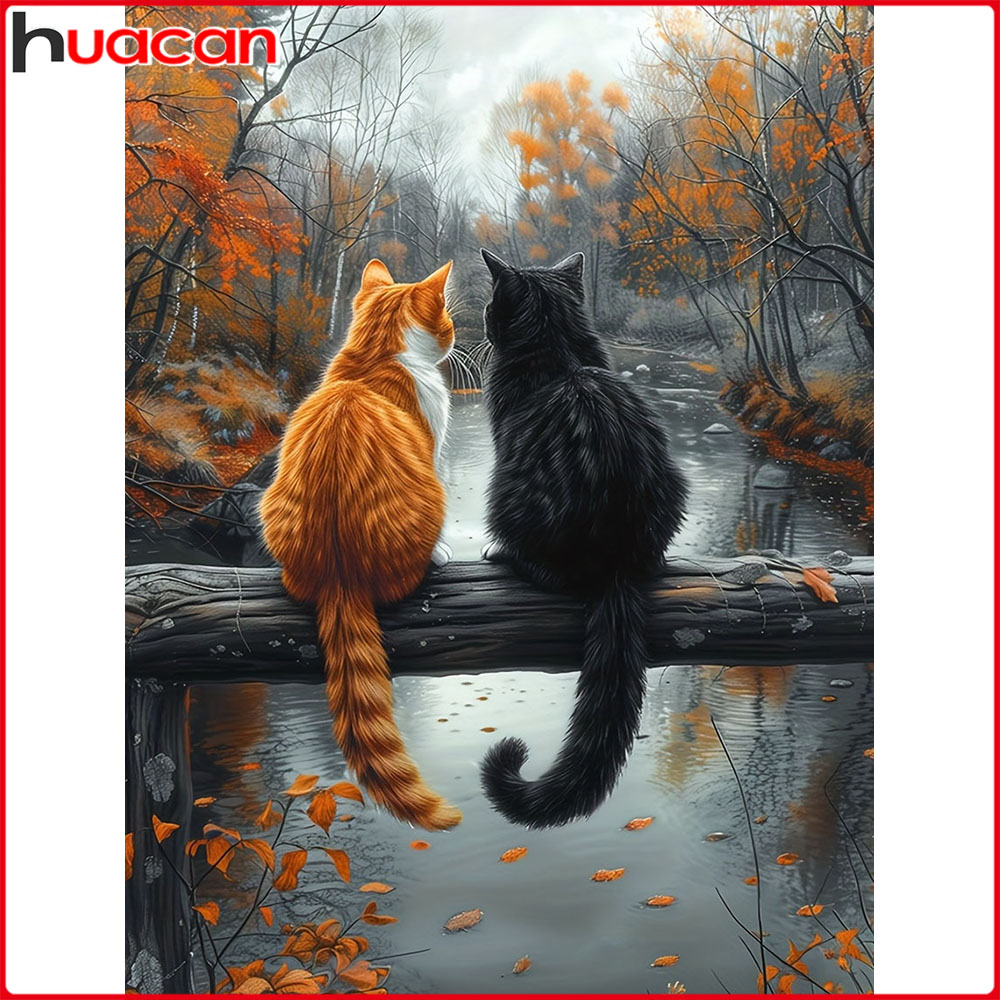 Embroidery Hoop Square - Huacan DIY diamant schilderij kat herfst
