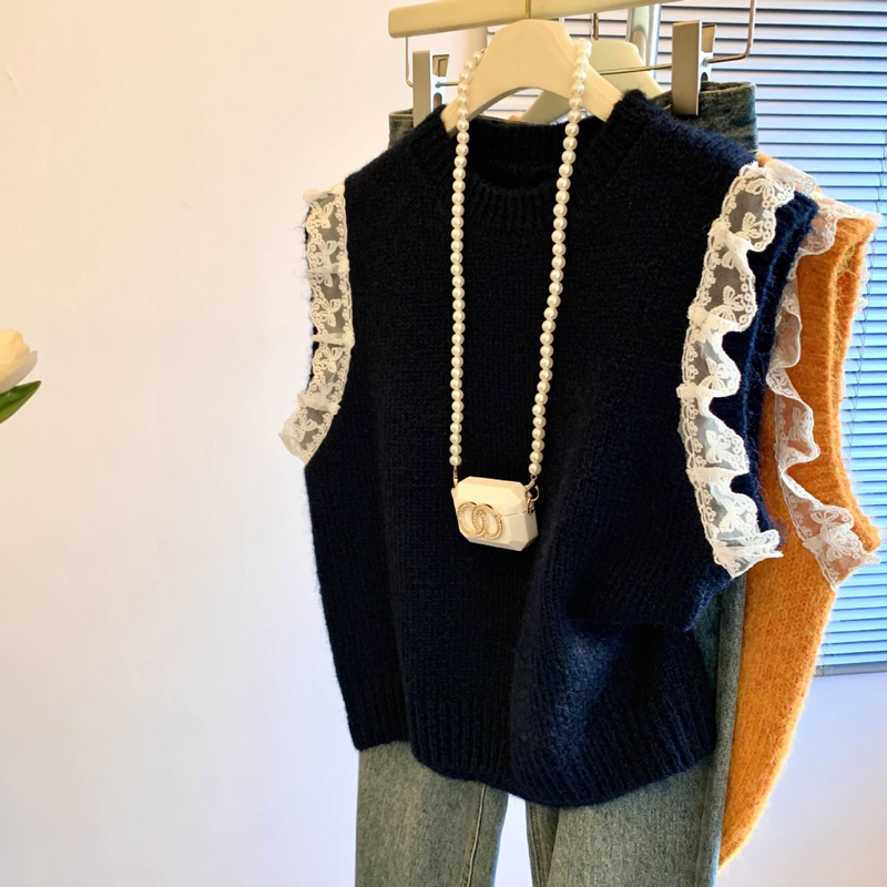 Embroidery Thread Yarn - Retro Kant Splice Mouwloos Gebreid Vest